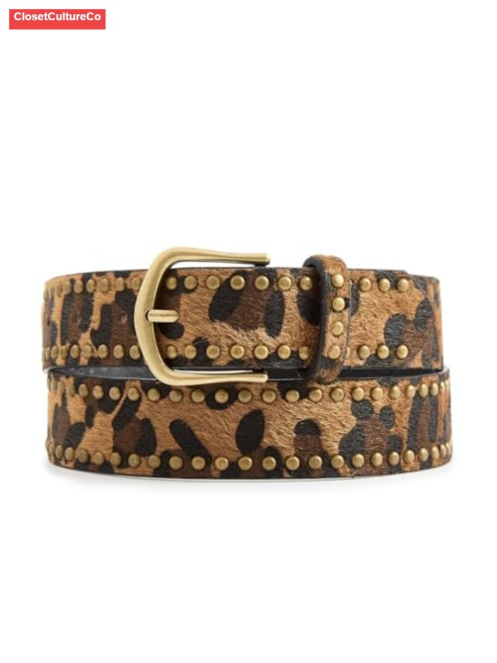 Leopard Print Faux Leather Belt with Gold Buckle for Women